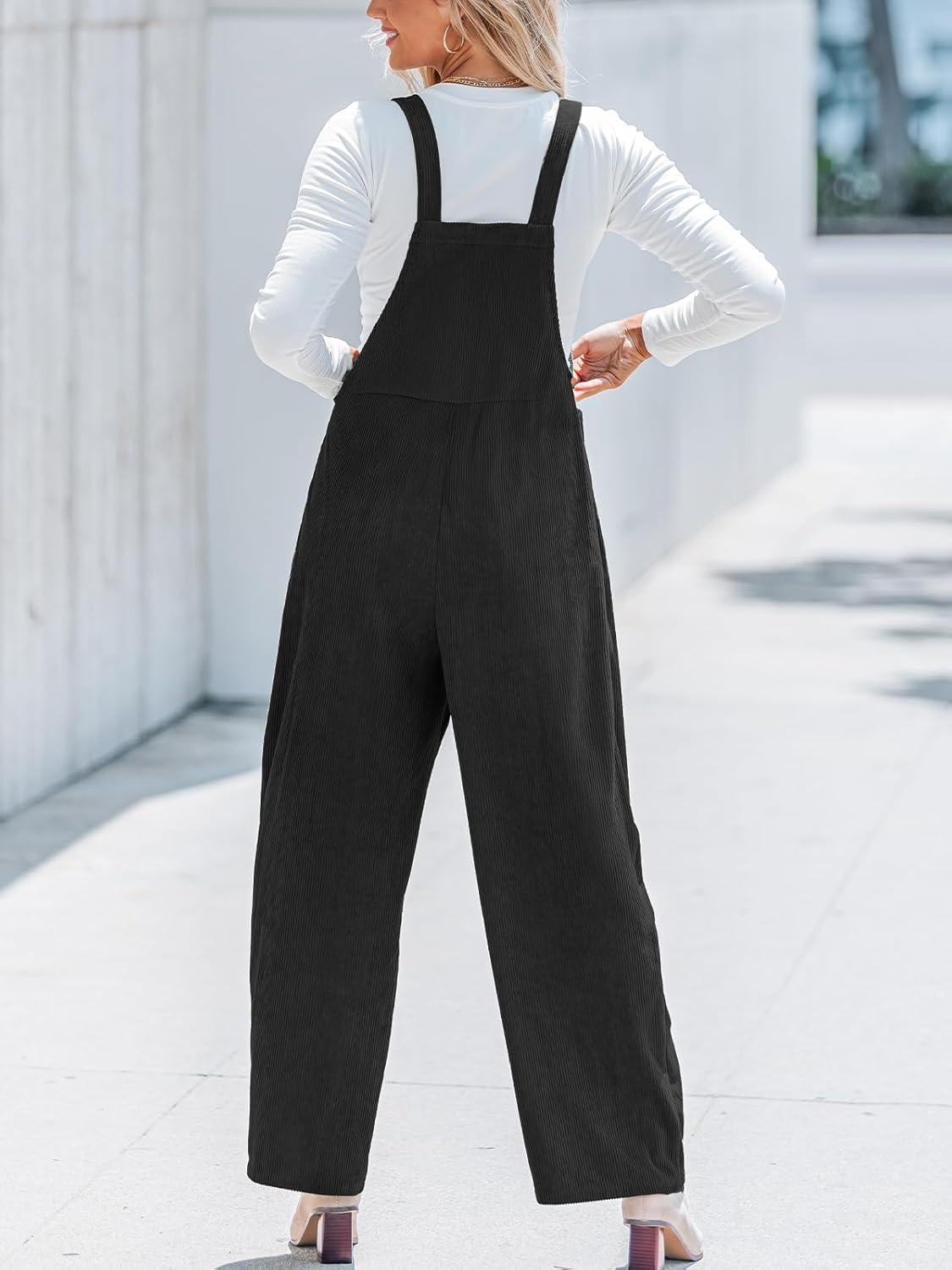 imageCUPSHE Womens Jumpsuit Corduroy Overalls Square Neck Sleeveless Wide Leg Jumpsuits Pockets Casual Outfit Loose Fall RomperBlack 2