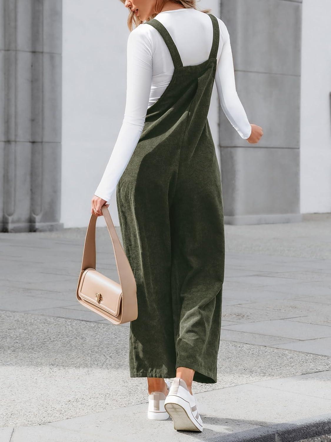 imageCUPSHE Womens Jumpsuit Corduroy Overalls Square Neck Sleeveless Wide Leg Jumpsuits Pockets Casual Outfit Loose Fall RomperGreen
