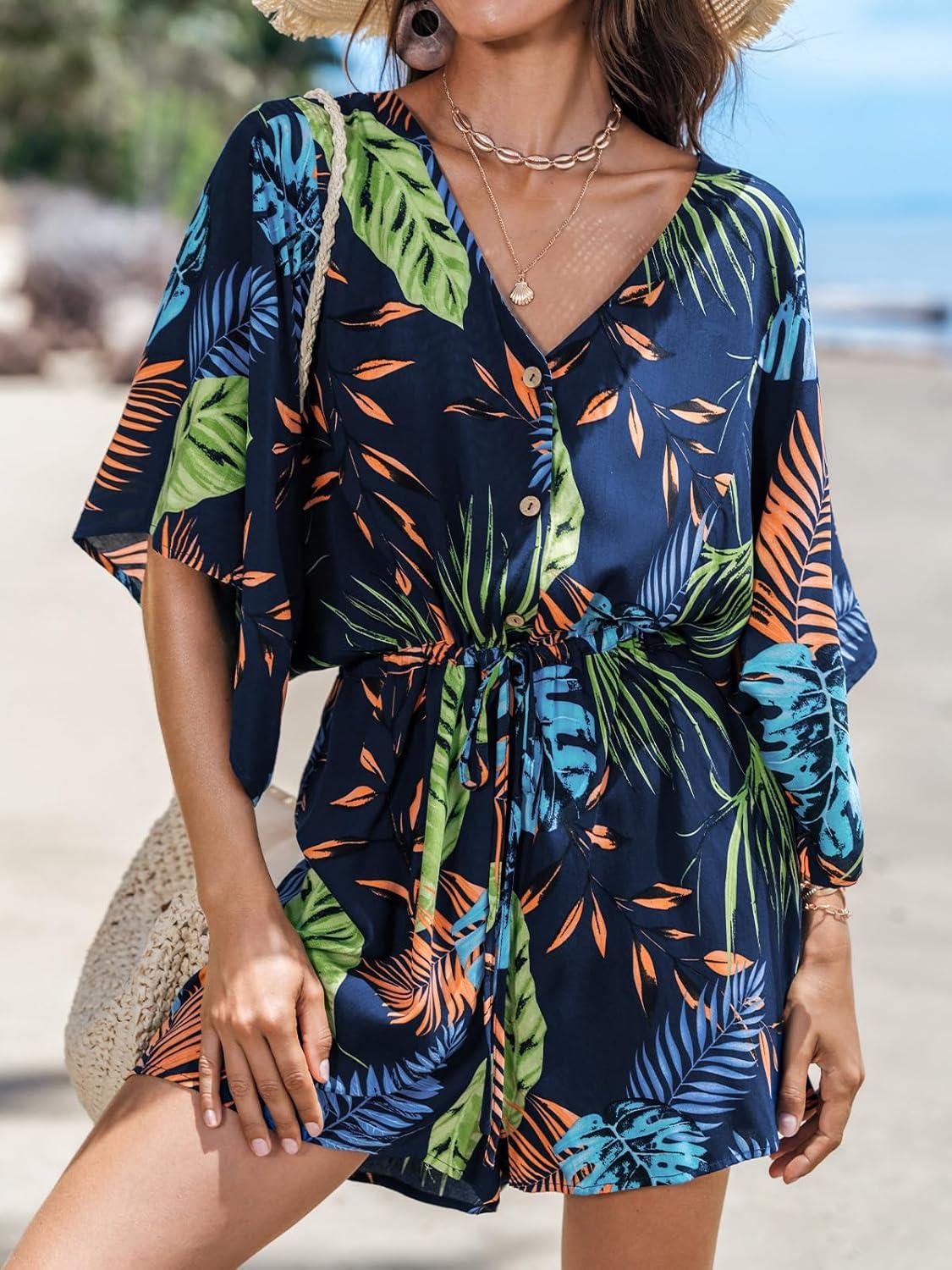 imageCUPSHE Womens Jumpsuits Boho Short Sleeve V Neck Wide Leg Overall Tie Outfit Casual BeachColorful