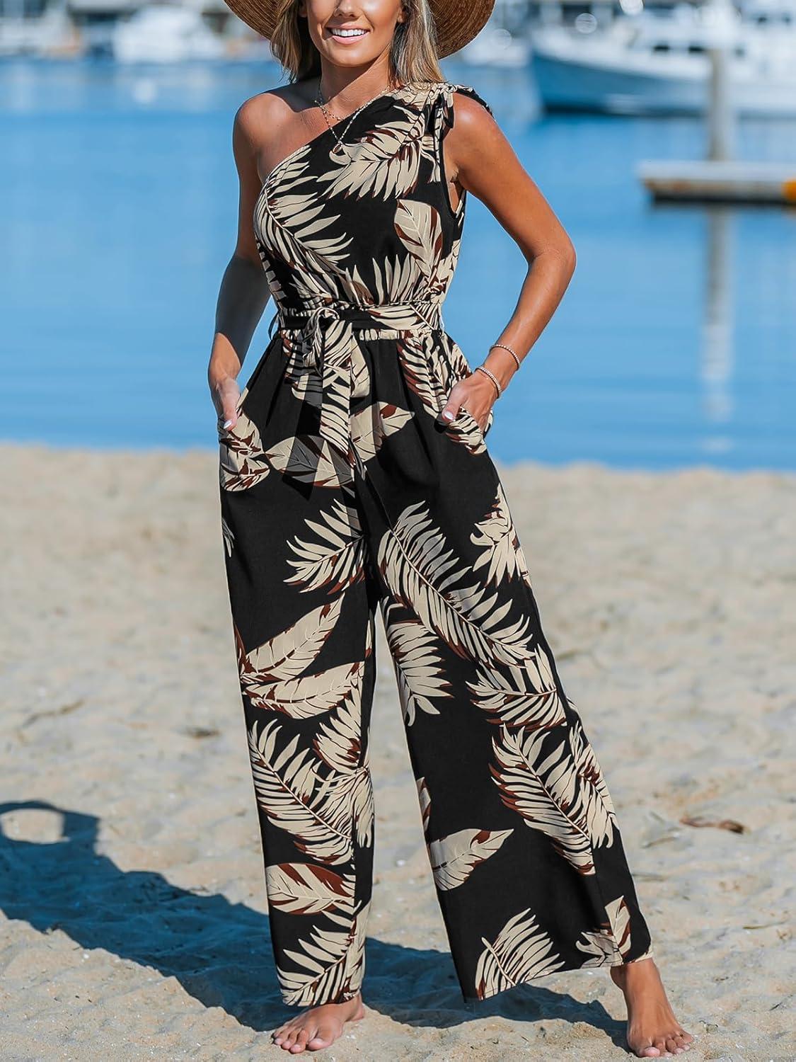 imageCUPSHE Womens Jumpsuits Sleeveless Floral One Shoulder Wide Leg Long Pants 2025 Trendy Travel Outfit PocketBlack