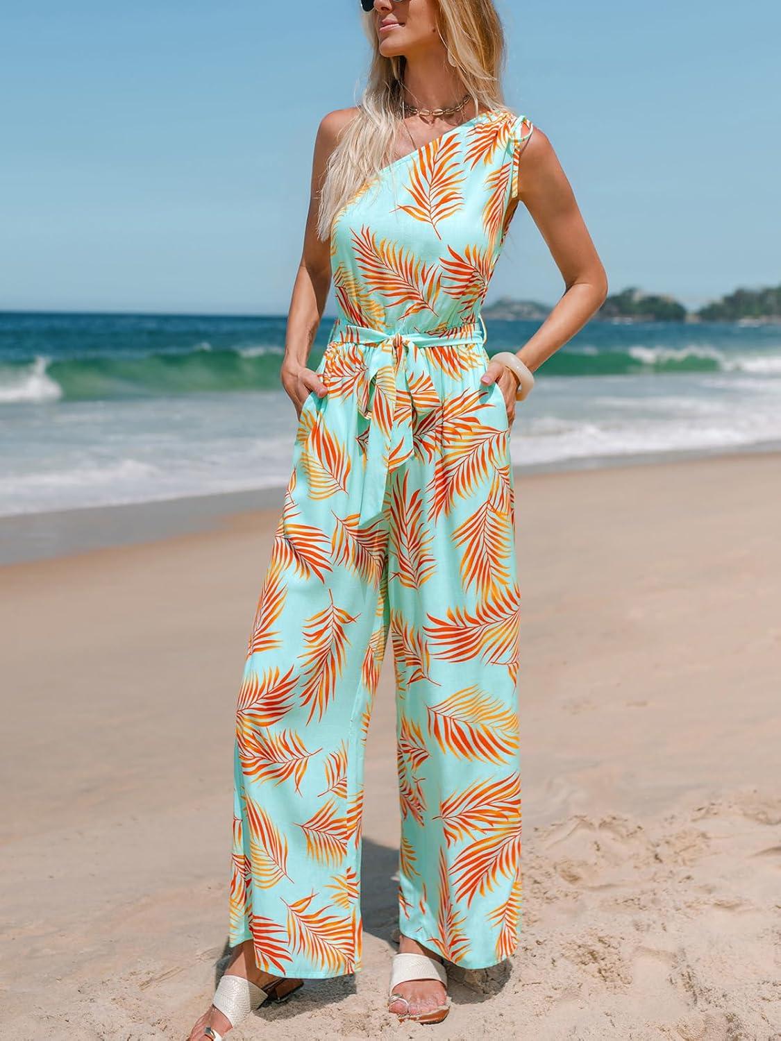 imageCUPSHE Womens Jumpsuits Sleeveless Floral One Shoulder Wide Leg Long Pants 2025 Trendy Travel Outfit PocketLight Blue