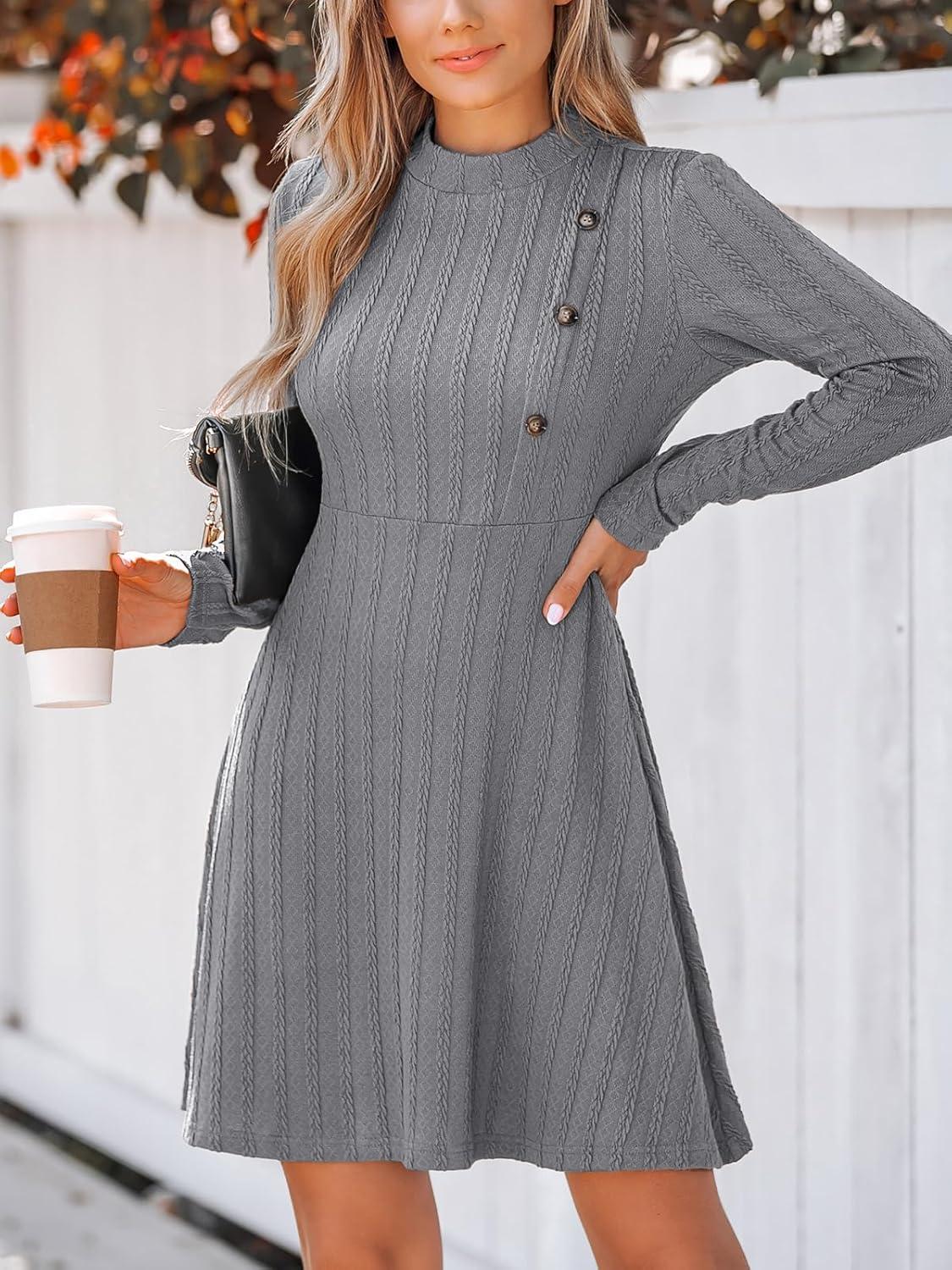 imageCUPSHE Womens Mini Dresses Round Neck Long Sleeve Textured Button Knit A Line Short Casual Fall DressesGrey
