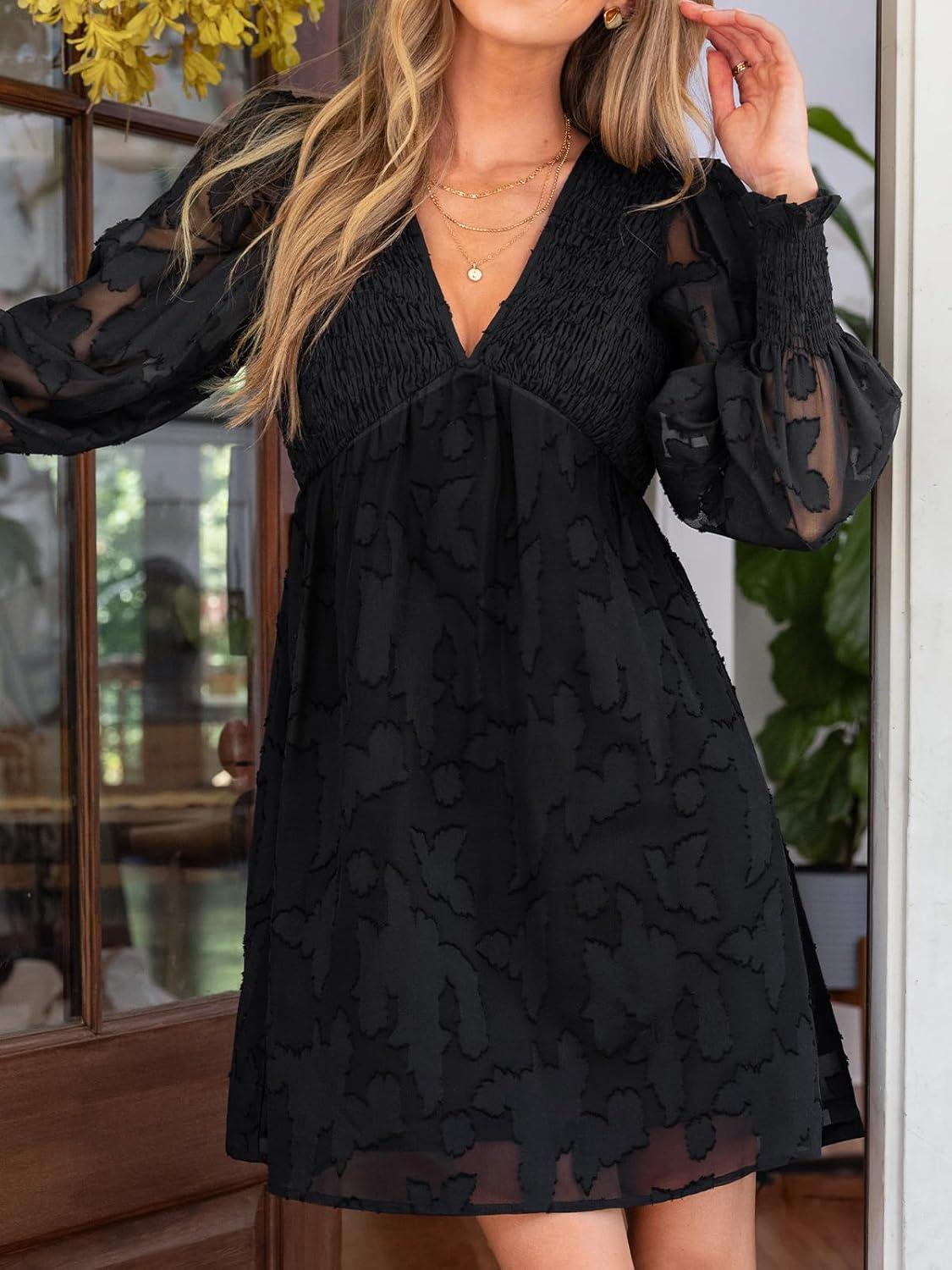imageCUPSHE Womens Mini Fall Dress V Neck Long Sleeves Lace Smocked Casual Short A Line Wedding Guest DressBlack