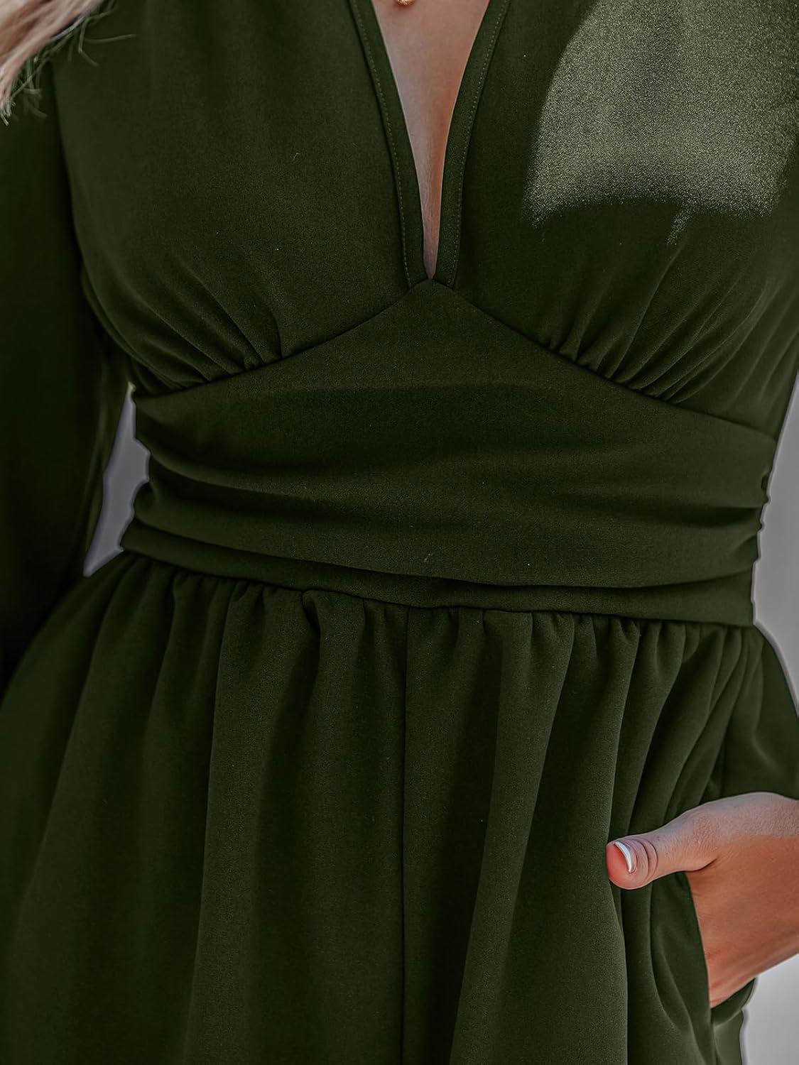 imageCUPSHE Womens One Piece Jumpsuits V Neck Long Lantern Sleeve Overalls Wide Leg Pants High Waist Rompers Vacation OutfitsDark Green