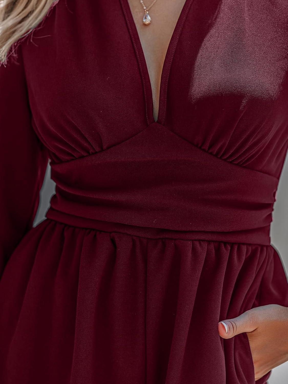 imageCUPSHE Womens One Piece Jumpsuits V Neck Long Lantern Sleeve Overalls Wide Leg Pants High Waist Rompers Vacation OutfitsWine