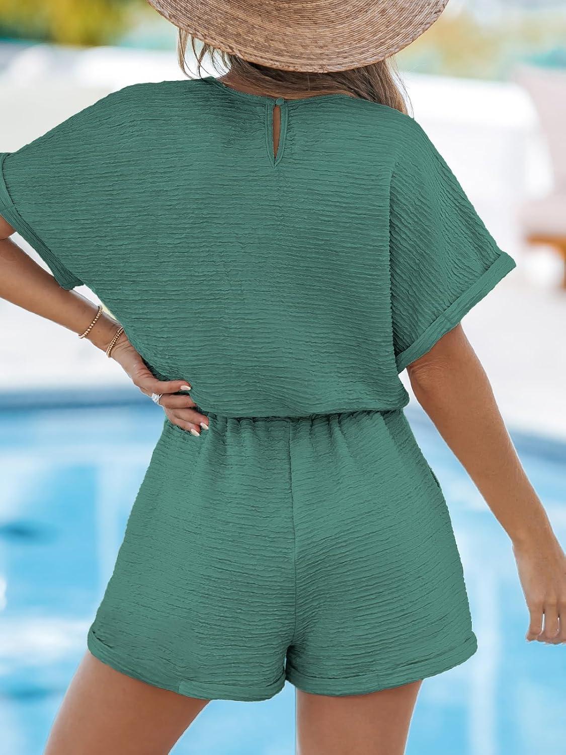imageCUPSHE Womens Romper Knit V Neck Short Sleeves Drawstring Waist Straight leg Outfit Casual DressyTeal Green