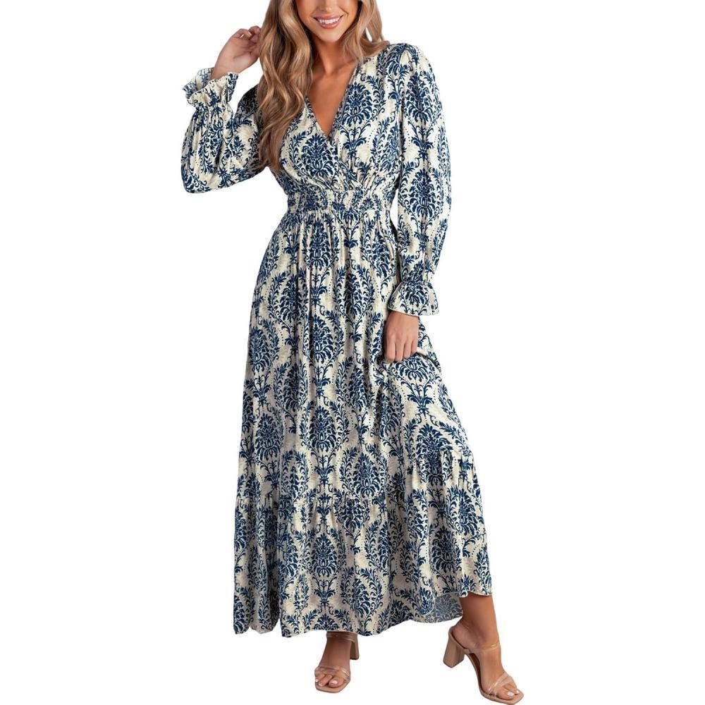 imageCUPSHE Maxi Dresses for Women V Neck Ruffled Long Sleeve Paisley Smocked Waist A Line Casual Flowy Fall Wedding Guest DressNavy Paisley