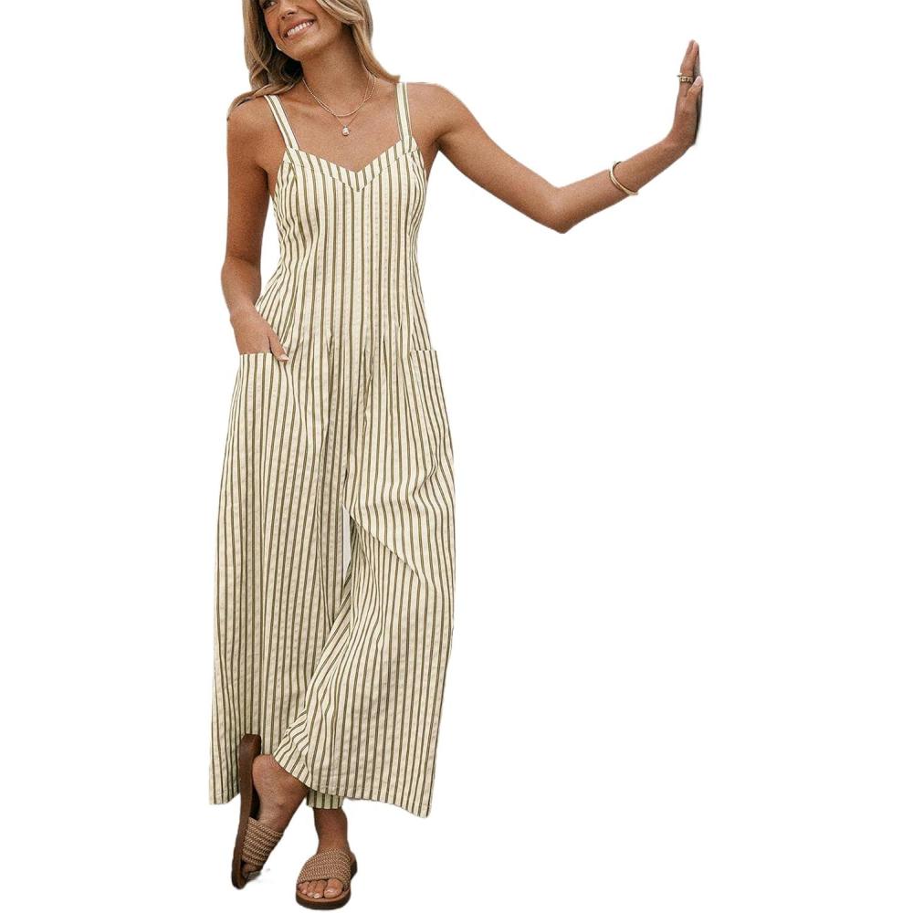 imageCUPSHE Maxi Jumpsuit for Women Striped Sleeveless Smocked Cutout Back Wide Leg Summer Casual Overall RomperBrown Striped