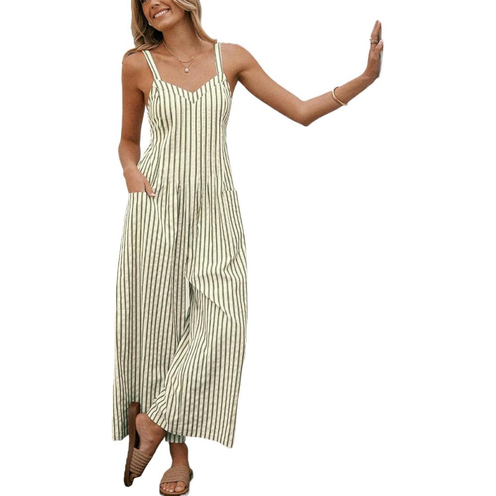 imageCUPSHE Maxi Jumpsuit for Women Striped Sleeveless Smocked Cutout Back Wide Leg Summer Casual Overall RomperGreen Striped