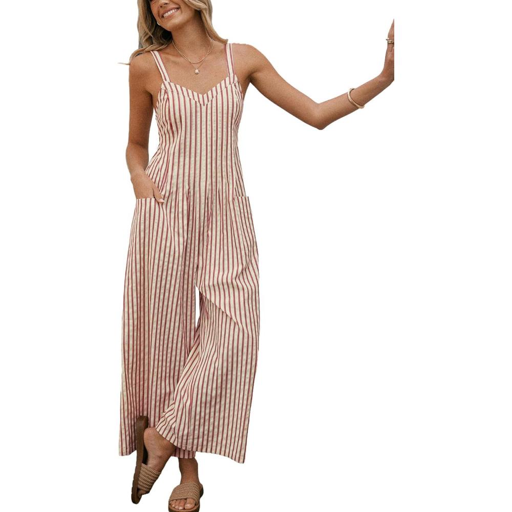 imageCUPSHE Maxi Jumpsuit for Women Striped Sleeveless Smocked Cutout Back Wide Leg Summer Casual Overall RomperRed Striped