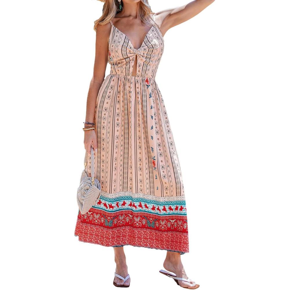 imageCUPSHE Summer Dress for Women V Neck Sleeveless Floral Cutout Smocked Ruffled Maxi Formal Beach DressPink Floral