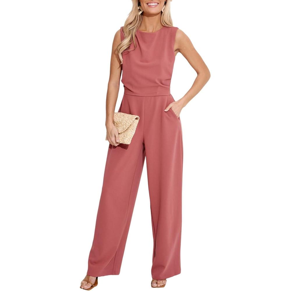 imageCUPSHE Summer Maxi Jumpsuit Round Neck Sleeveless Wide Leg One Piece Fall Outfit Pockets Fitted Overall Casual Maxi RomperPink
