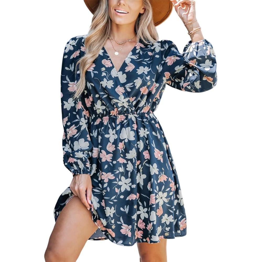imageCUPSHE Women Floral Ruffle Summer Dress Surplice V Neck Long Peasant Sleeve Elastic Waist Flowy Casual Holiday Mini DressBlue Floral