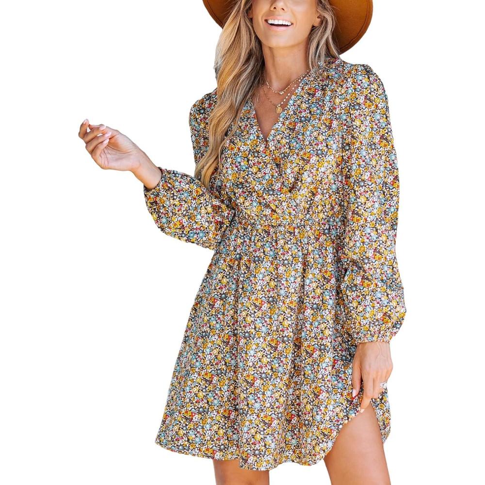 imageCUPSHE Women Floral Ruffle Summer Dress Surplice V Neck Long Peasant Sleeve Elastic Waist Flowy Casual Holiday Mini DressYellow Floral