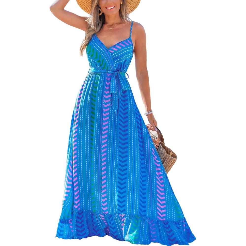 imageCUPSHE Women Maxi Dresses Spaghetti Straps V Neck Sleeveless Belted Beach Boho Ruffled Summer Pockets Vacation Casual DressBlue Striped