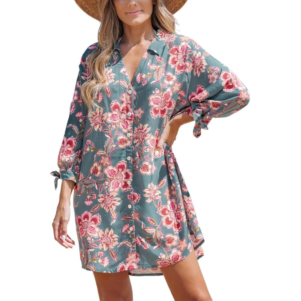 imageCUPSHE Women Mini Summer Dress Cover Up Oversize Floral Shirt 34 Sleeve Cuff Tie Button Down Beach Dresses Cover Up TopPaisley Floral