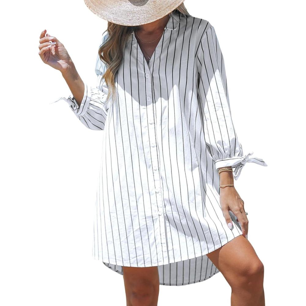 imageCUPSHE Women Mini Summer Dress Cover Up Oversize Floral Shirt 34 Sleeve Cuff Tie Button Down Beach Dresses Cover Up TopWhite Pinstriped