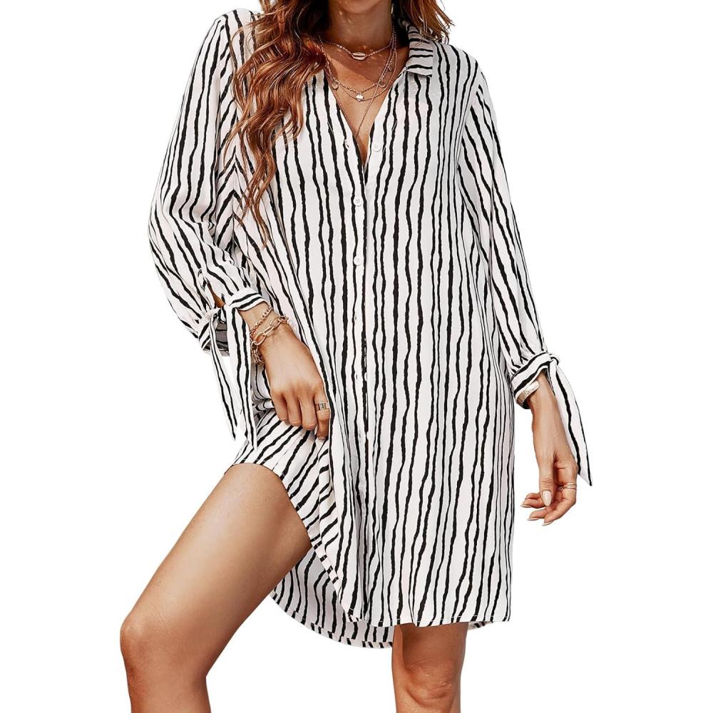 imageCUPSHE Women Mini Summer Dress Cover Up Oversize Floral Shirt 34 Sleeve Cuff Tie Button Down Beach Dresses Cover Up TopWhite Striped