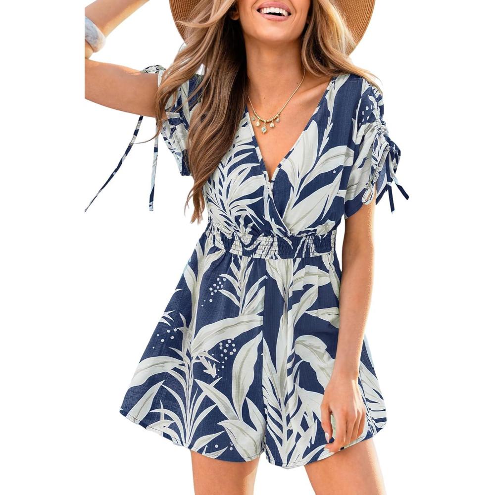 imageCUPSHE Womens Boho Tropical Romper Short Sleeve V Neck Wide Leg Shorts Jumpsuit Summer Vacation One Piece OutfitsBlue