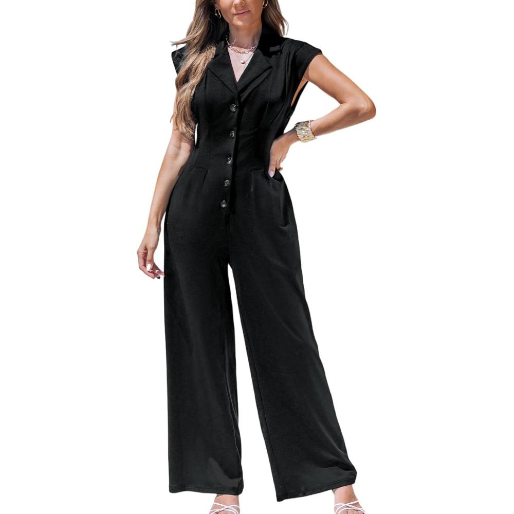 imageCUPSHE Womens Cap Sleeve Jumpsuits Dressy One Piece V Neck Buttons Down Collar Wide Leg Pants JumpsuitBlack
