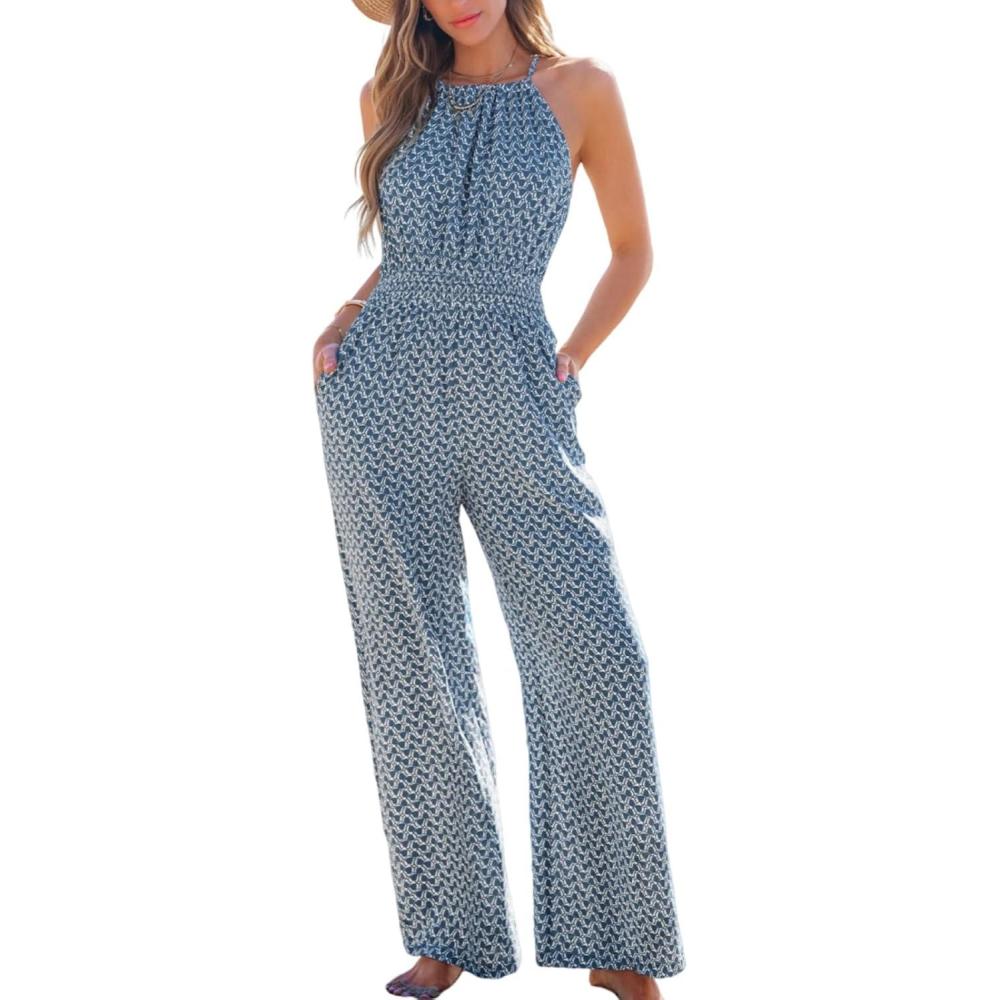 imageCUPSHE Womens Casual Loose Overalls Jumpsuits High Neck Sleeveless Wide Leg Boho One Piece Rompers With PocketsBlue