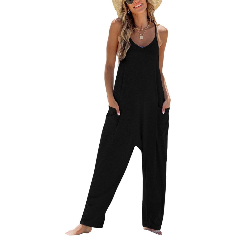 imageCUPSHE Womens Casual V Neck Spaghetti Straps Jumpsuit Sleeveles Baggy Long Pants Overall Outfit with PocketsBlack
