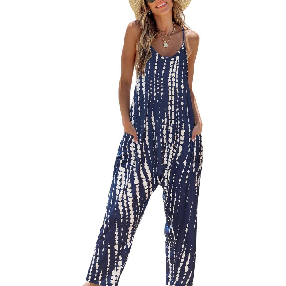 imageCUPSHE Womens Casual V Neck Spaghetti Straps Jumpsuit Sleeveles Baggy Long Pants Overall Outfit with PocketsBlue Print
