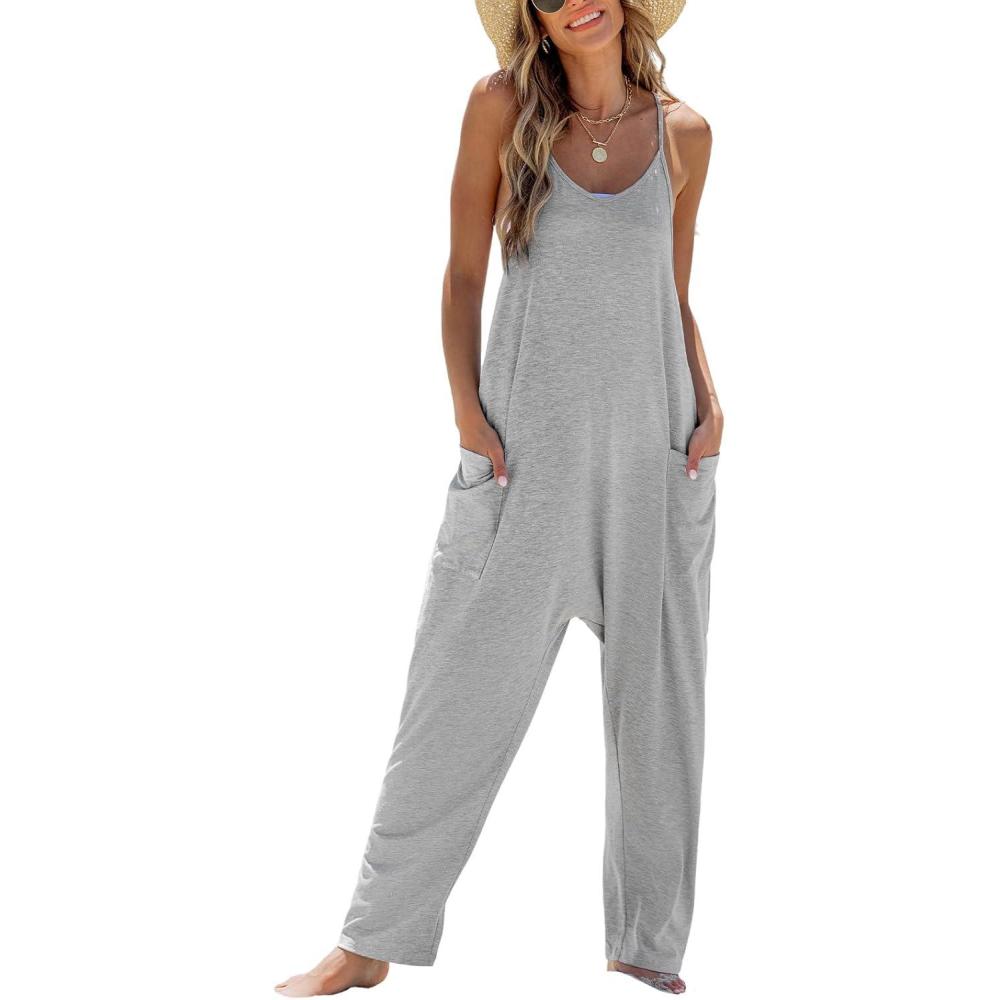 imageCUPSHE Womens Casual V Neck Spaghetti Straps Jumpsuit Sleeveles Baggy Long Pants Overall Outfit with PocketsGrey