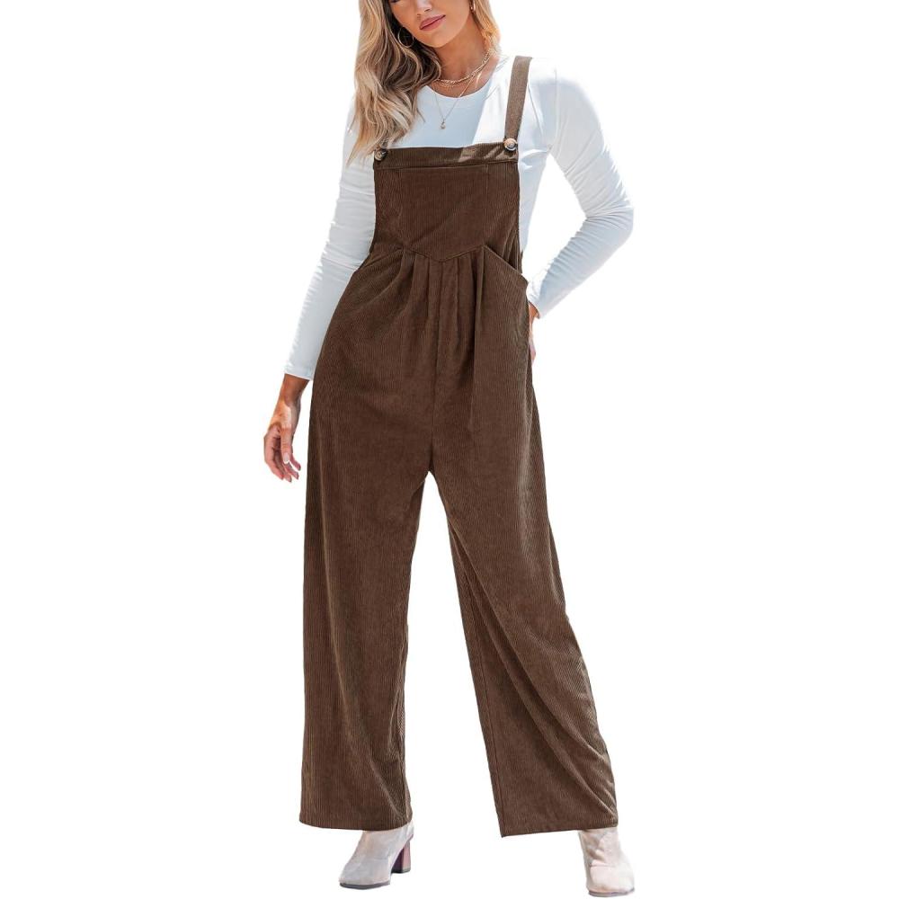 imageCUPSHE Womens Jumpsuit Corduroy Overalls Square Neck Sleeveless Wide Leg Jumpsuits Pockets Casual Outfit Loose Fall RomperBrown 2