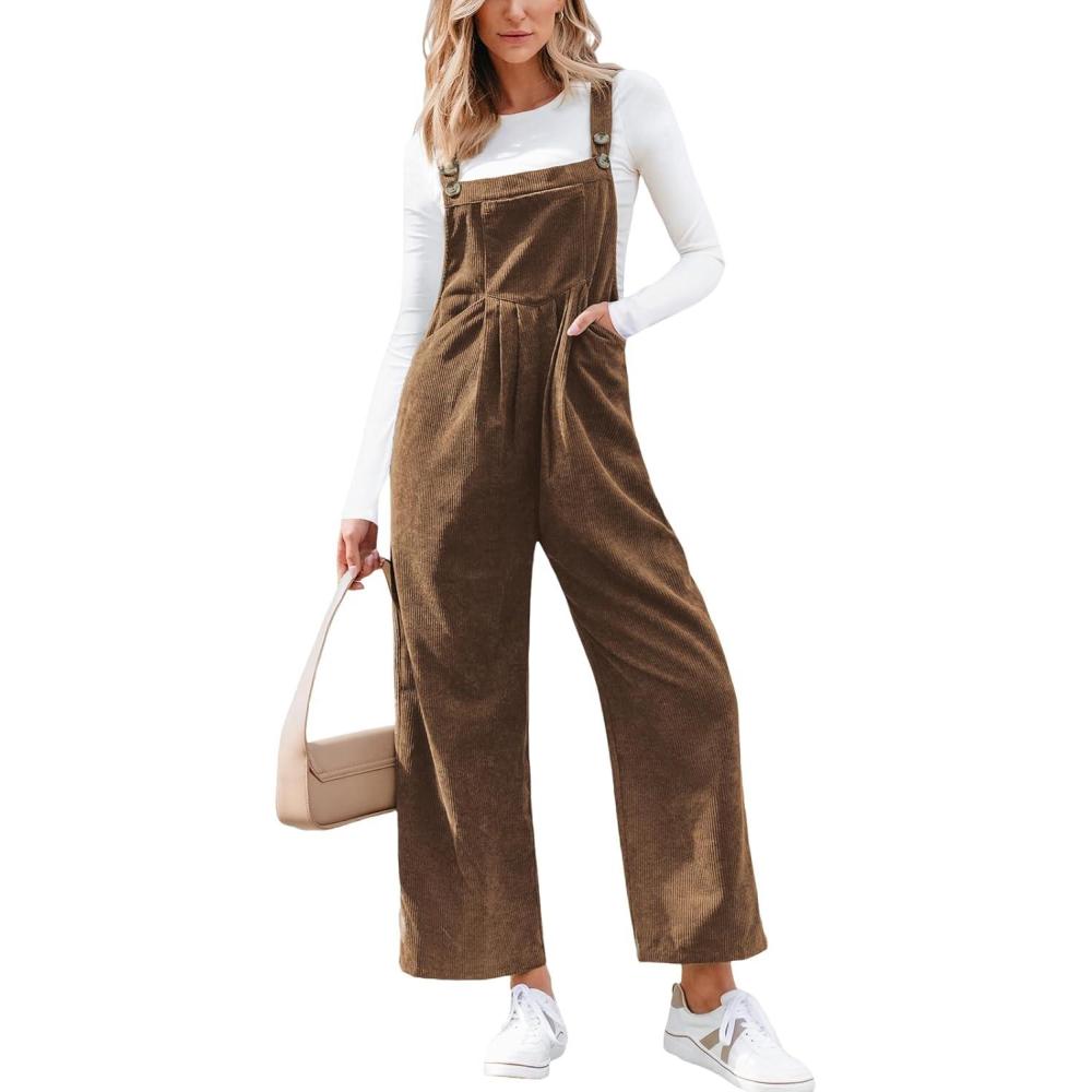imageCUPSHE Womens Jumpsuit Corduroy Overalls Square Neck Sleeveless Wide Leg Jumpsuits Pockets Casual Outfit Loose Fall RomperBrown
