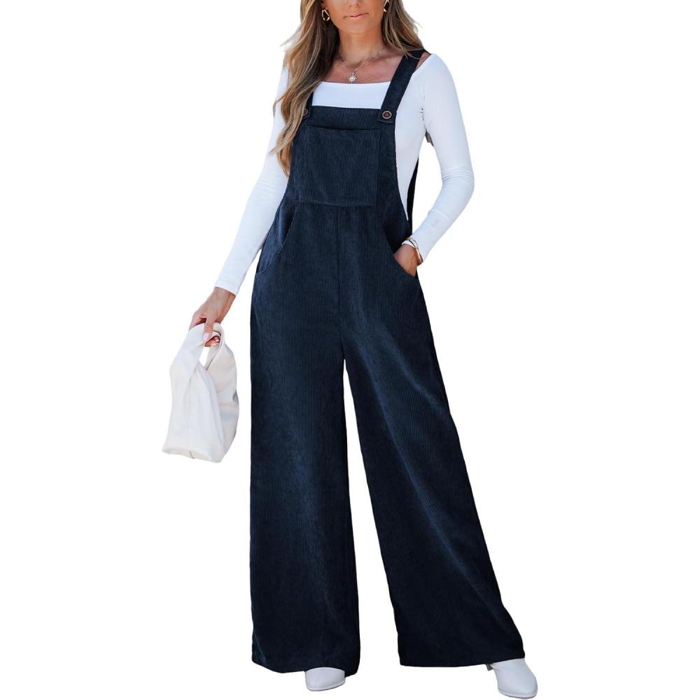 imageCUPSHE Womens Jumpsuit Corduroy Overalls Square Neck Sleeveless Wide Leg Jumpsuits Pockets Casual Outfit Loose Fall RomperNavy