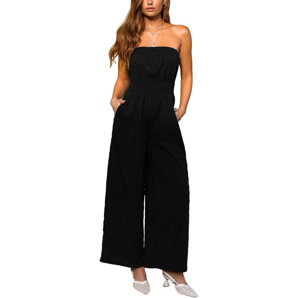 imageCUPSHE Womens JumpsuitStraight Neck Sleeveless Smocked Waist Wide Leg Outfit Casual Dressy for Summer Vacation BeachBlack