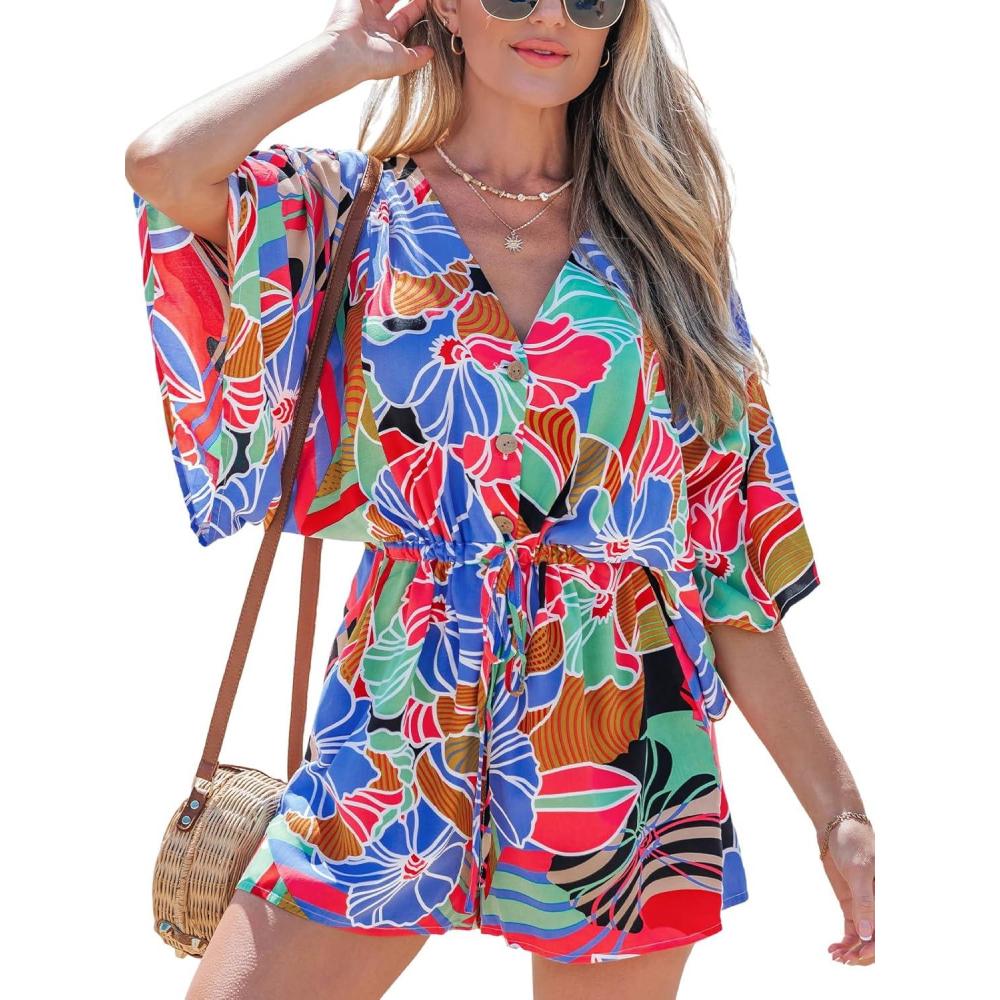 imageCUPSHE Womens Jumpsuits Boho Short Sleeve V Neck Wide Leg Overall Tie Outfit Casual BeachBlue Flower