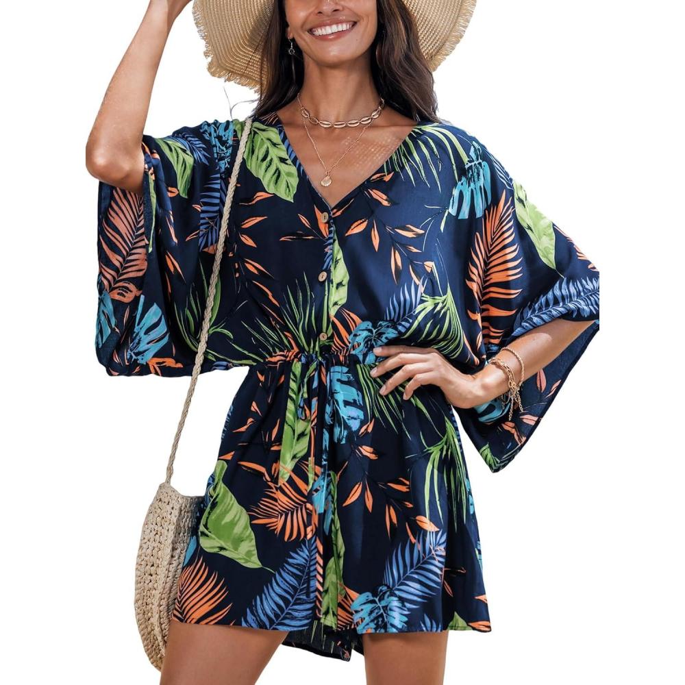 imageCUPSHE Womens Jumpsuits Boho Short Sleeve V Neck Wide Leg Overall Tie Outfit Casual BeachColorful