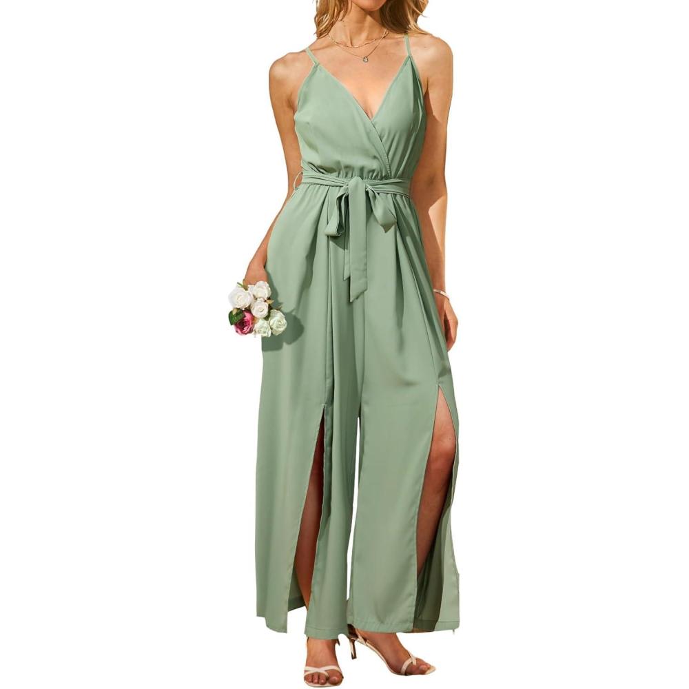 imageCUPSHE Womens Jumpsuits Floral Tropical Wide Leg Jumpsuit Sleeveless Overall V Neck Outfit CasualGreen