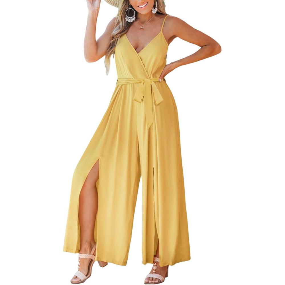 imageCUPSHE Womens Jumpsuits Floral Tropical Wide Leg Jumpsuit Sleeveless Overall V Neck Outfit CasualYellow
