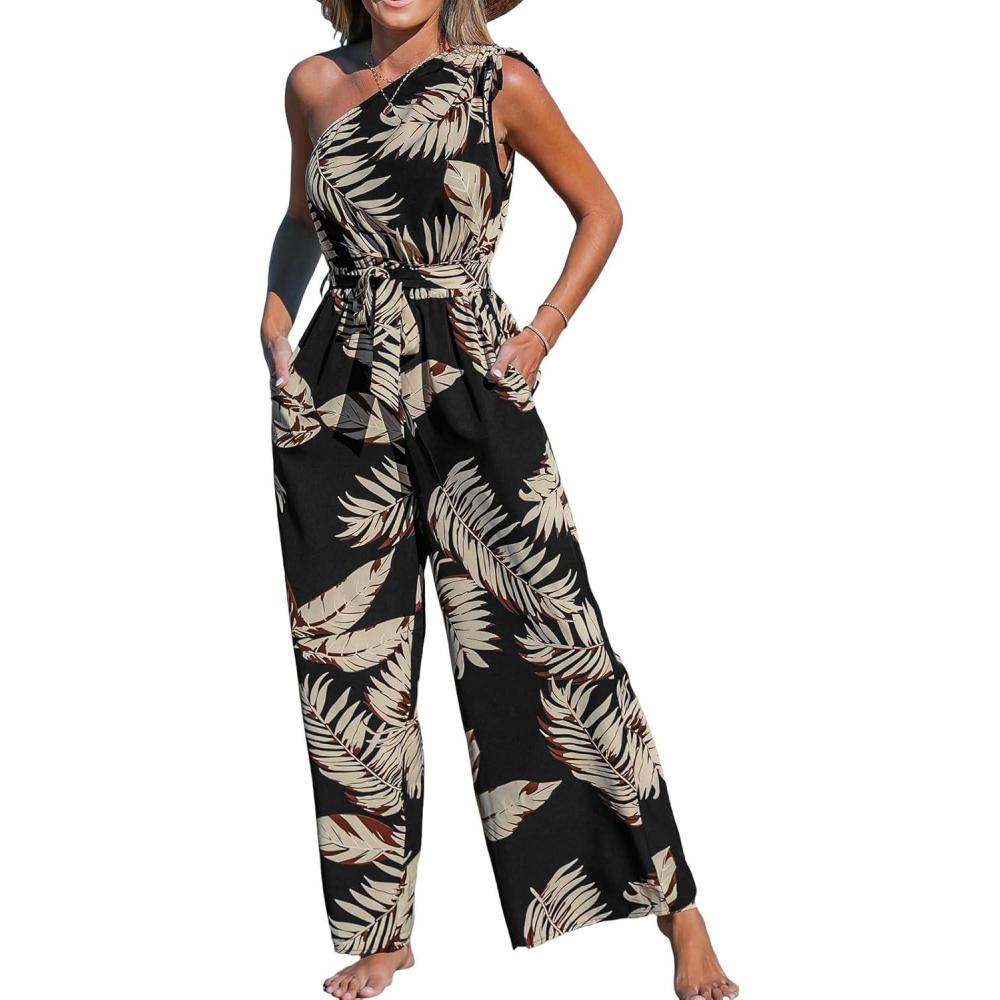 imageCUPSHE Womens Jumpsuits Sleeveless Floral One Shoulder Wide Leg Long Pants 2025 Trendy Travel Outfit PocketBlack