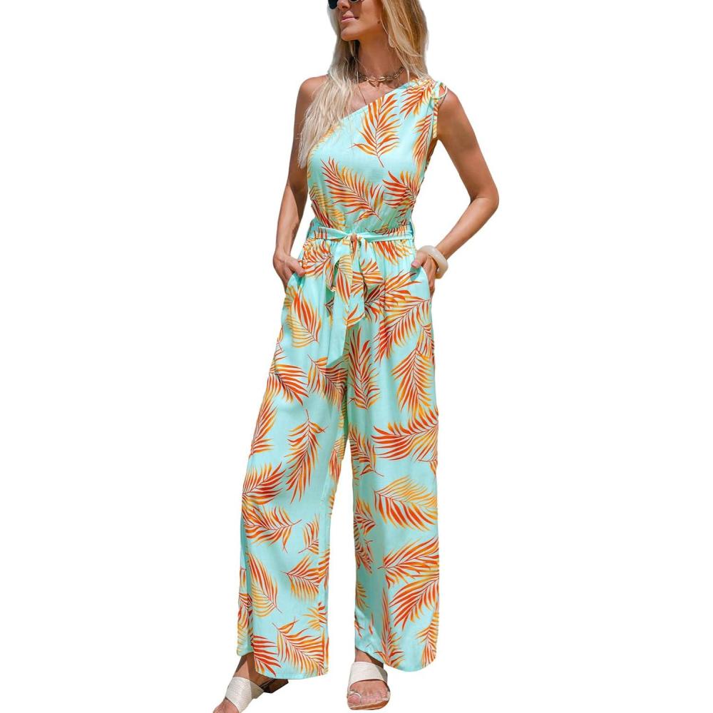 imageCUPSHE Womens Jumpsuits Sleeveless Floral One Shoulder Wide Leg Long Pants 2025 Trendy Travel Outfit PocketLight Blue