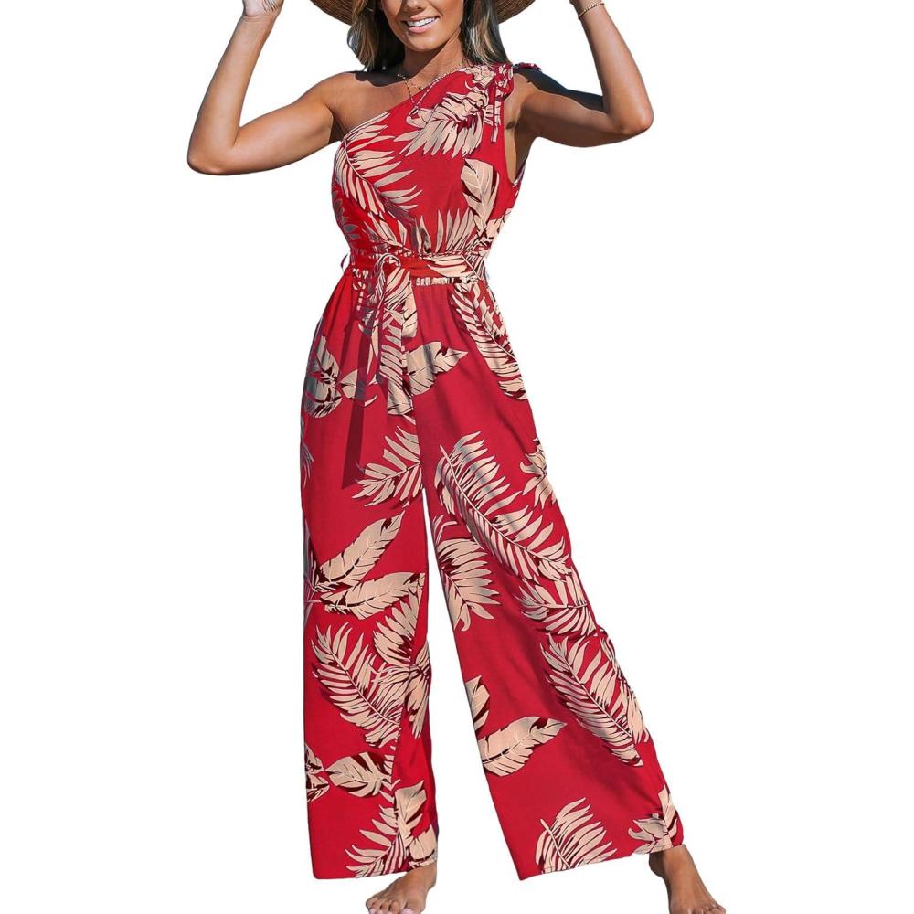 imageCUPSHE Womens Jumpsuits Sleeveless Floral One Shoulder Wide Leg Long Pants 2025 Trendy Travel Outfit PocketRed