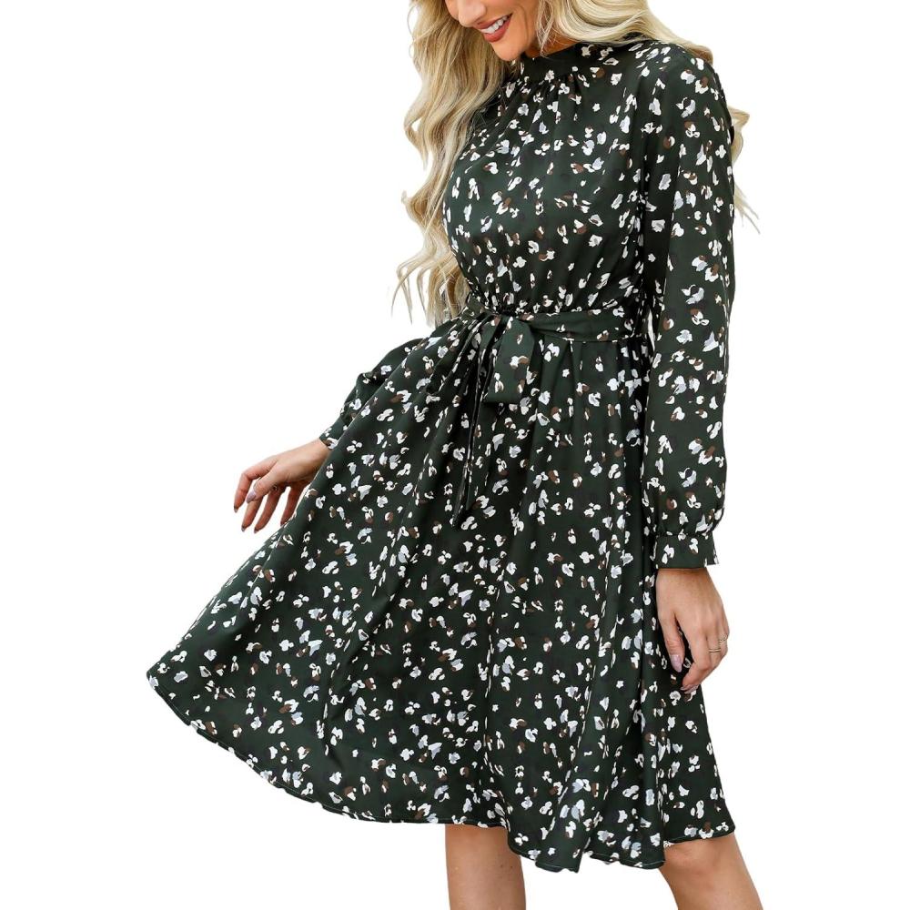 imageCUPSHE Womens Long Fall Dresses High Neck Long Sleeve Belted Floral Printed Flowy Midi Casual DressGreen Printed