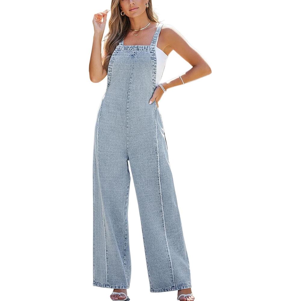 imageCUPSHE Womens Maxi Denim Jumpsuit Square Neck Sleeveless Casual Backless Loose Overall Jeans Wide Leg Long One Piece JumpsuitLight Blue