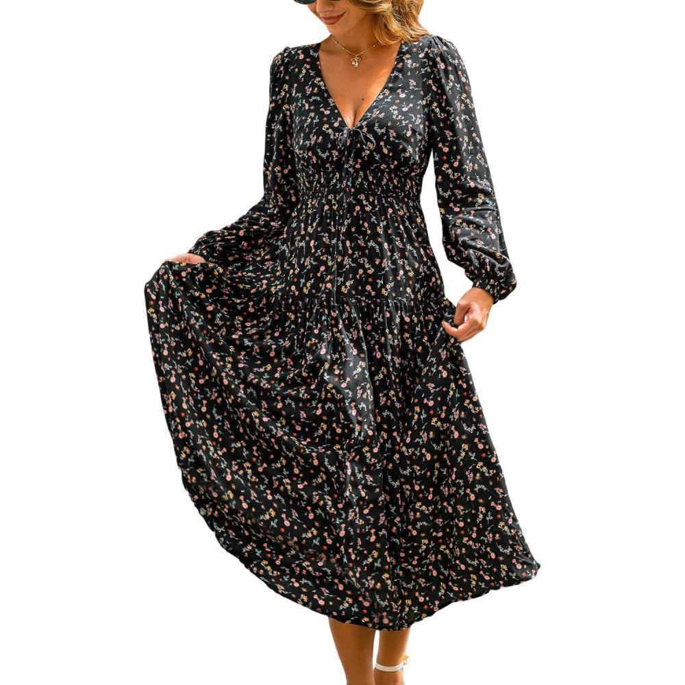 imageCUPSHE Womens Maxi Fall Dresses V Neck Casual Long Sleeve Smocked Floral Long Flowy Smocked Formal Wedding Guest DressBlack Floral