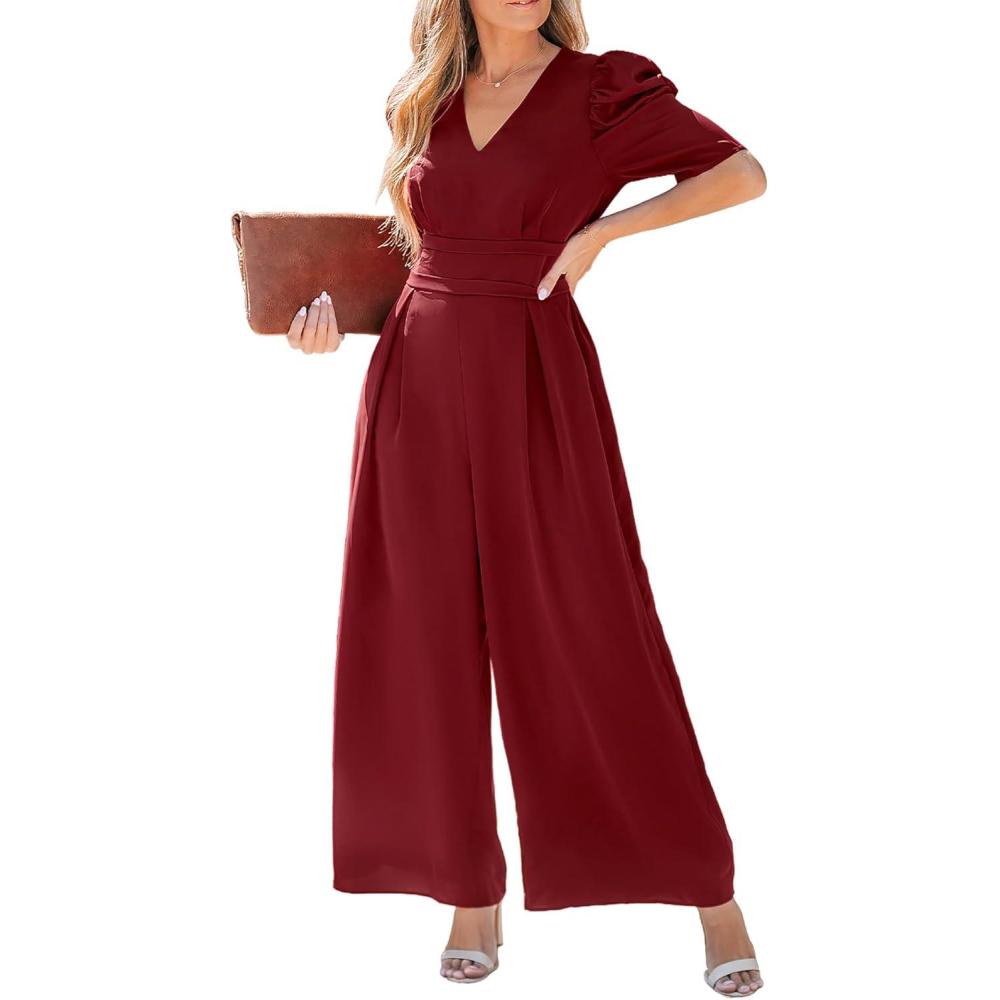 imageCUPSHE Womens Maxi Jumpsuit Dressy V Neck Half Sleeves Wide Leg Tunic Waist Pockets One Piece Outfit Overall Casual RomperBurgundy