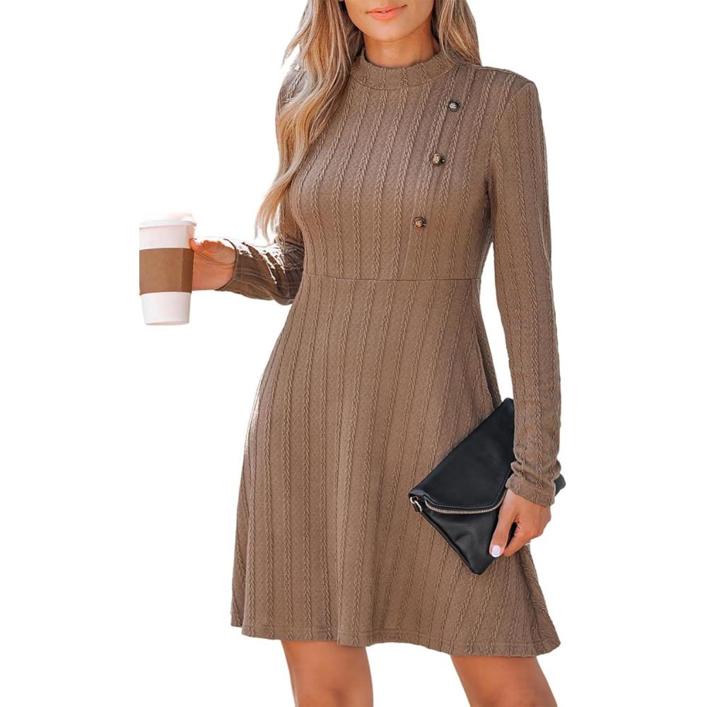 imageCUPSHE Womens Mini Dresses Round Neck Long Sleeve Textured Button Knit A Line Short Casual Fall DressesCamel