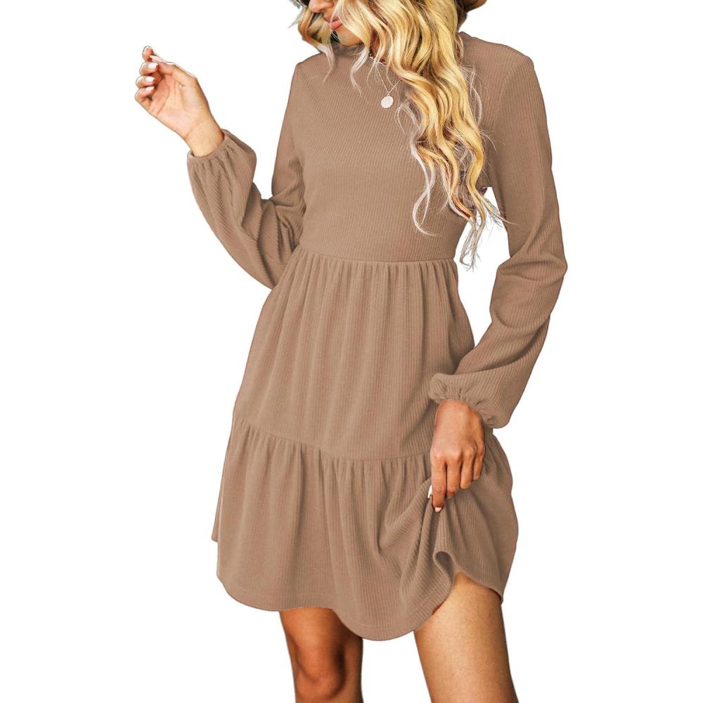 imageCUPSHE Womens Mini Fall Dresses Knit Casual Long Sleeve Crew Neck Flowy Tiered Ruffled Short Sweater DressCamel