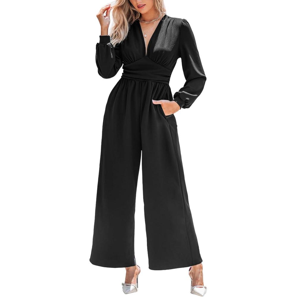 imageCUPSHE Womens One Piece Jumpsuits V Neck Long Lantern Sleeve Overalls Wide Leg Pants High Waist Rompers Vacation OutfitsBlack