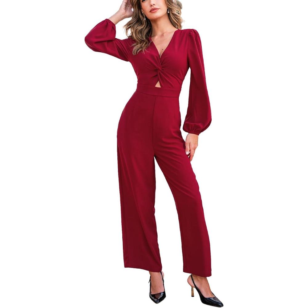 imageCUPSHE Womens One Piece Jumpsuits V Neck Long Lantern Sleeve Overalls Wide Leg Pants High Waist Rompers Vacation OutfitsRed