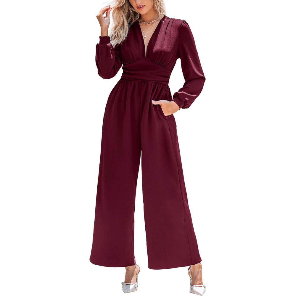 imageCUPSHE Womens One Piece Jumpsuits V Neck Long Lantern Sleeve Overalls Wide Leg Pants High Waist Rompers Vacation OutfitsWine