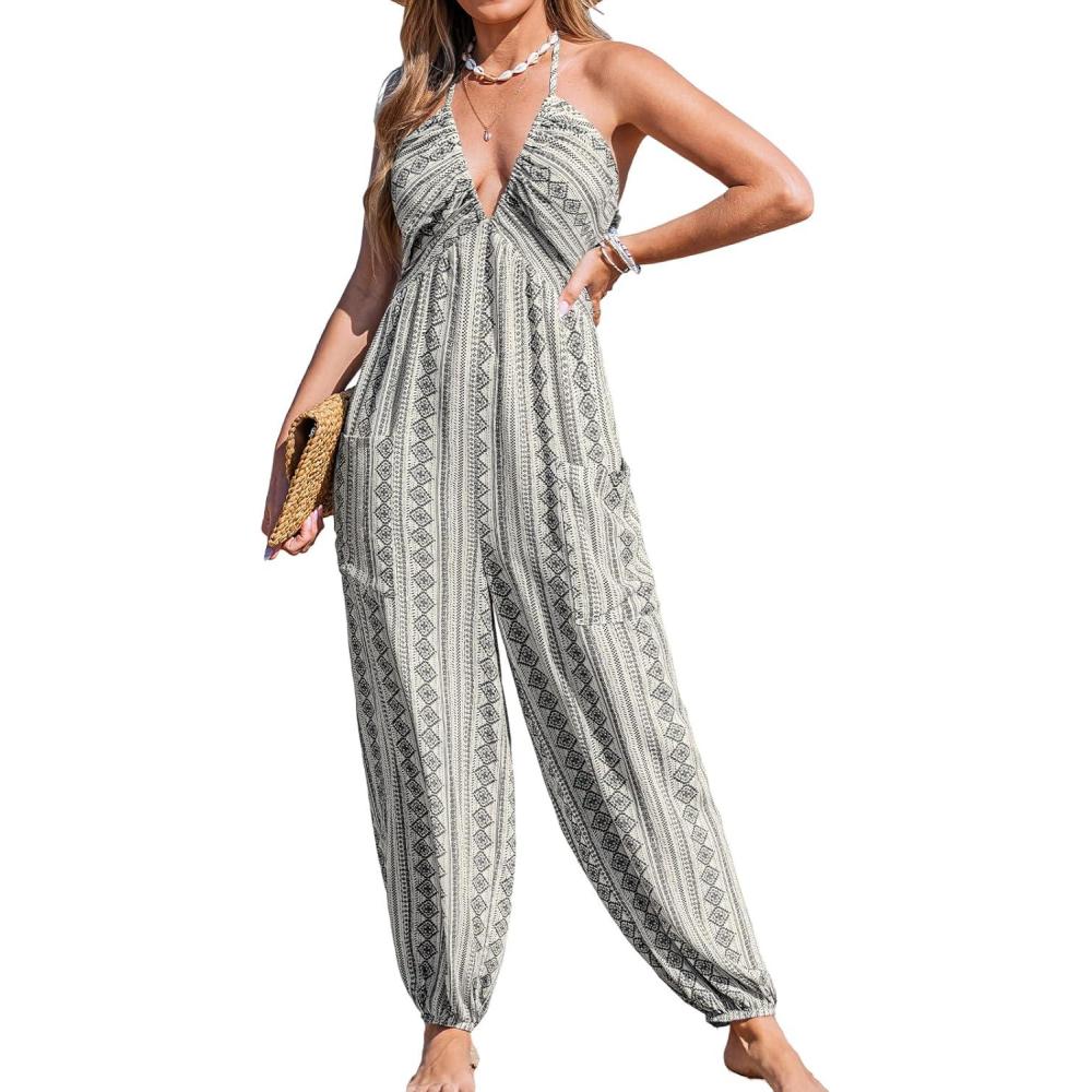 imageCUPSHE Womens Plunge Halter Sleeveless Pleated Long Romper Knit Jogger Maxi Jumpsuit with PocketsBlack Striped