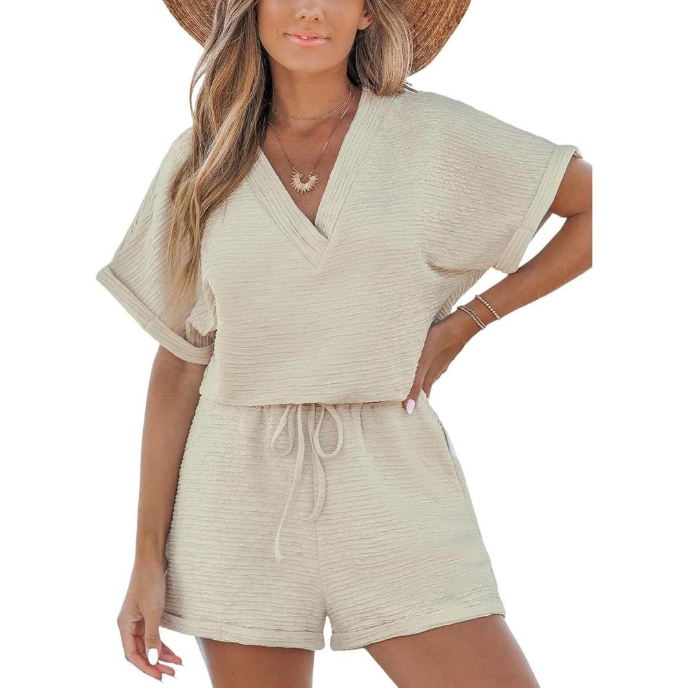 imageCUPSHE Womens Romper Knit V Neck Short Sleeves Drawstring Waist Straight leg Outfit Casual DressyBeige